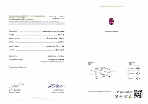 Saphir rose coussin certifié de 1.05 carat