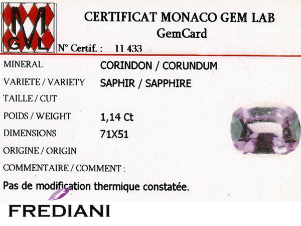 Certificat d'un saphir violet coussin naturel