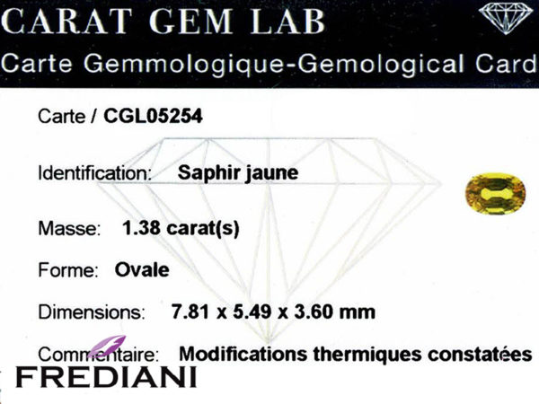 Certificat d'un saphir jaune ovale