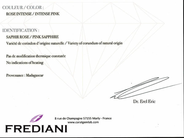 Certificat de saphir rose poire naturel