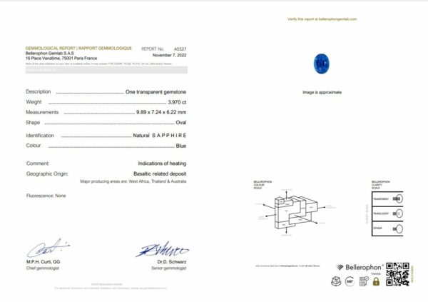 saphir bleu ovale certifié de 3.97 carats