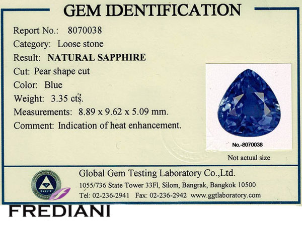Certificat d'un saphir bleu poire