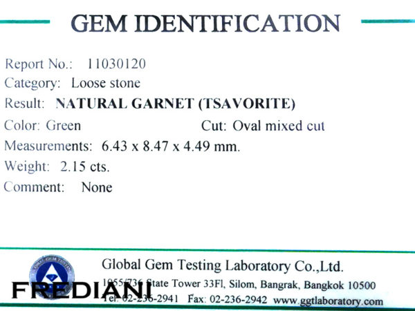 Certificat de grenat Tsavorite