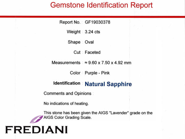 Certificat d'un saphir violet ovale