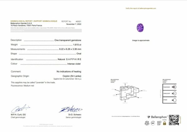 Saphir violet naturel certifié du Sri Lanka