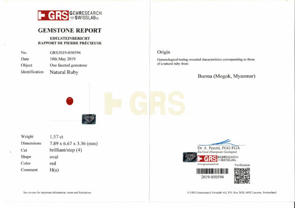 Rubis ovale certifié de "Mogok" 79x67 de 1.57 carat