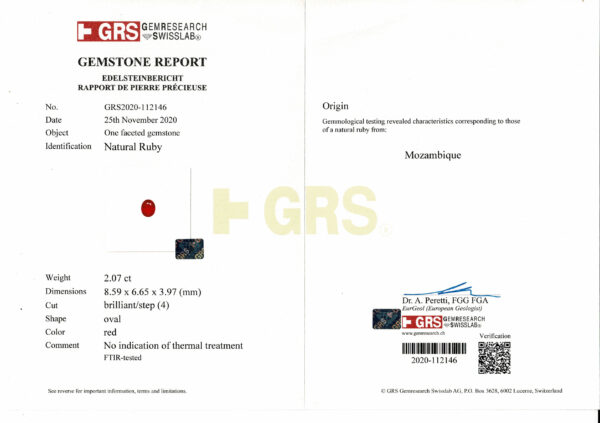 Rubis ovale naturel certifié 86x66 de 2.07 carats