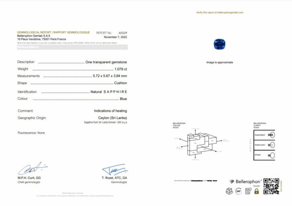 saphir bleu coussin du Sri Lanka certifié