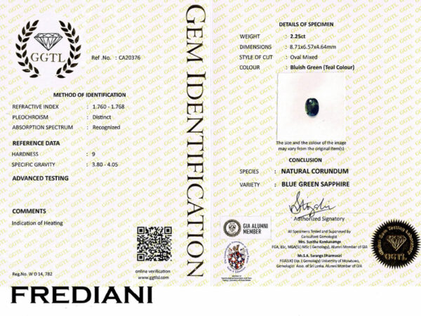 Saphirs "teal" ovale certifié
