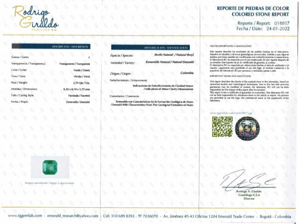 Emeraude de Colombie carrée certifiée