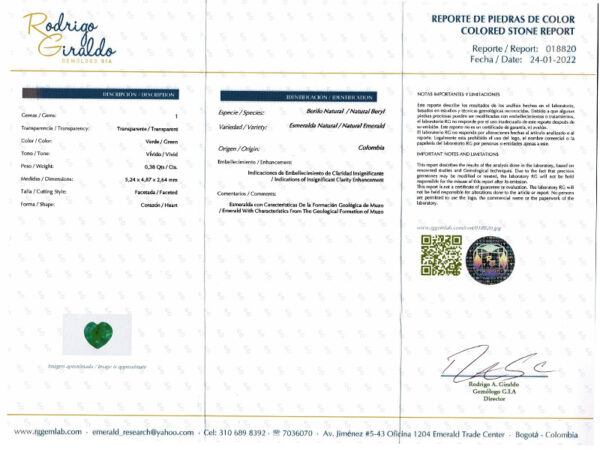 Emeraude de colombie coeur certifiée