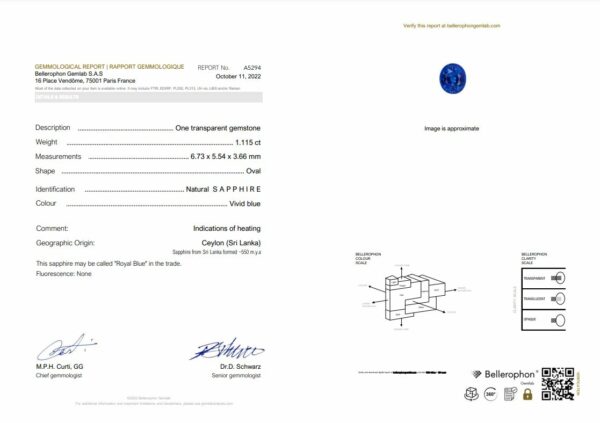 saphir bleu ovale certifié par le laboratoire Bellerophon de Paris