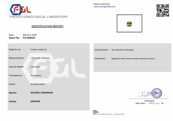 Saphir vert coussin naturel certifié – Image 2
