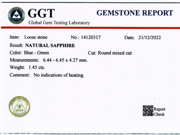 Saphir teal bleu/vert rond naturel certifié – Image 2