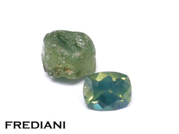 Saphir d'Auvergne vert naturel coussin 50x40 de 0.46 carat + saphir brut offert